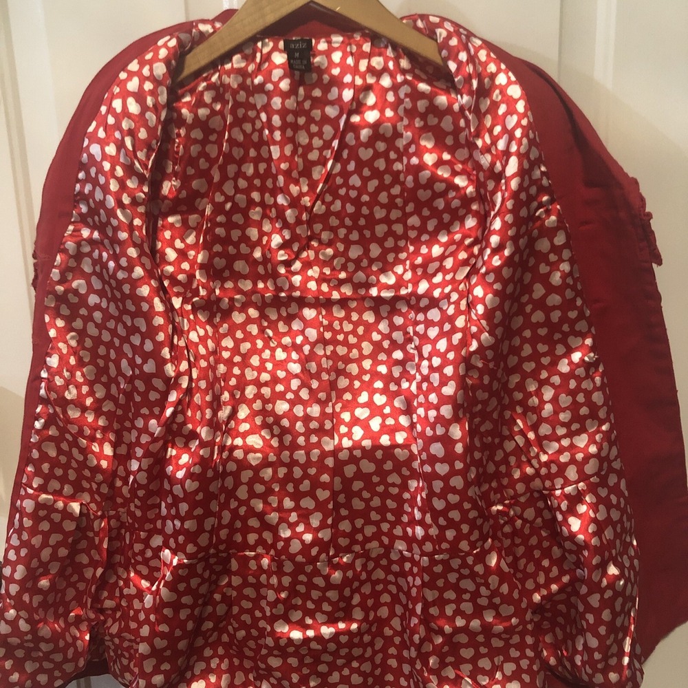 Aziz Women's M Red Double-Breasted Belted Jacket Ruffle Heart Lining Valentines - Picture 8 of 16